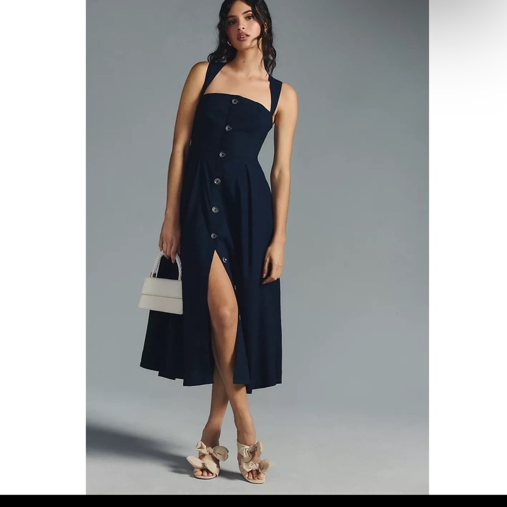 Anthropologie Midnight Blue Button Midi Dress